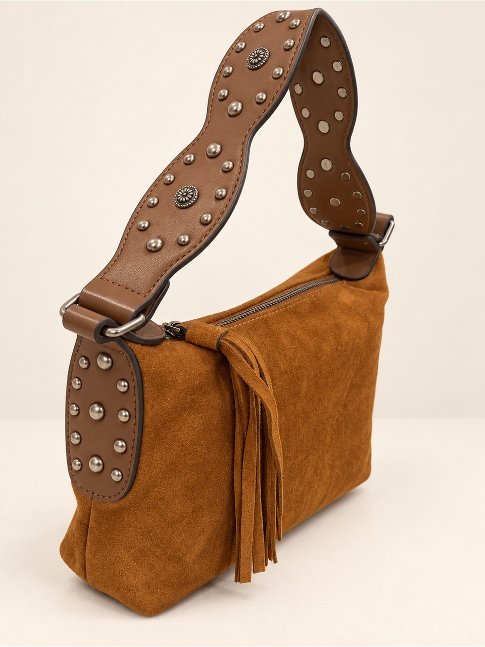 Studded Suede Shoulder Bag in Brown